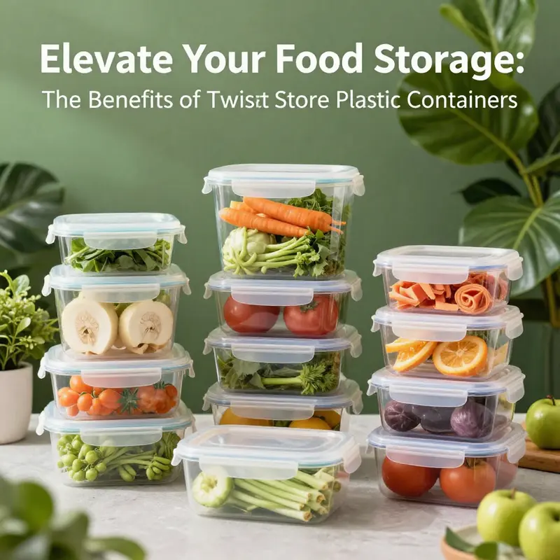 Twist and store plastic food containers highlighted in a sustainable environment, showcasing freshness and eco-friendliness.