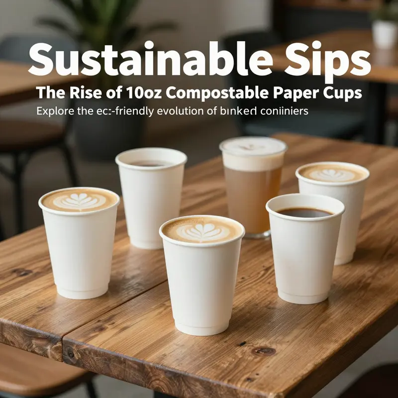 A variety of 10oz compostable paper cups on a wooden table, showcasing their use for beverages.