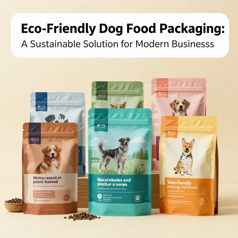 Showcasing diverse options of recyclable and biodegradable dog food packaging.