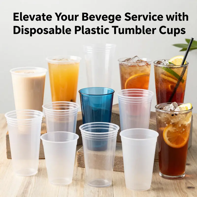 A colorful display of different disposable plastic tumbler cups, ideal for diverse beverage offerings.