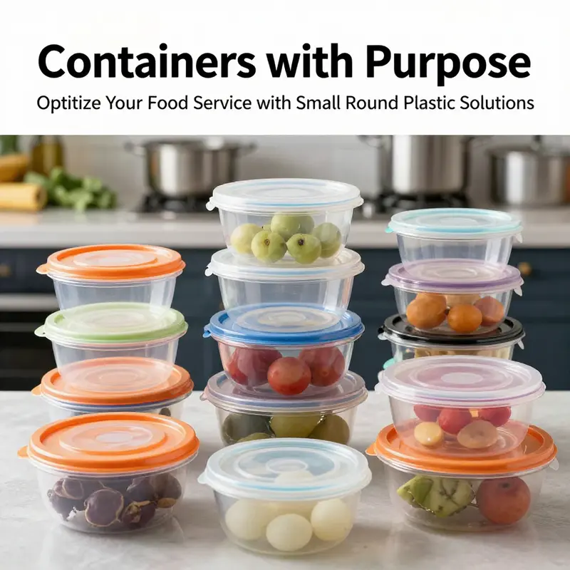 Diverse styles of small round plastic food containers adapted for various culinary needs.