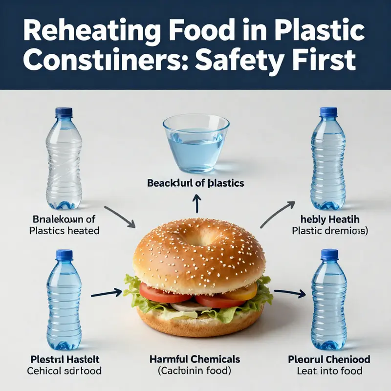 Visual representation of plastic degradation and health risks associated with reheating food.