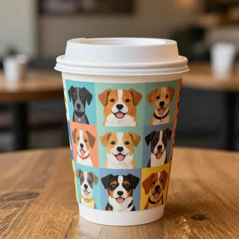A vibrant cup design featuring various dog breeds, showcasing the playful side of pet culture.