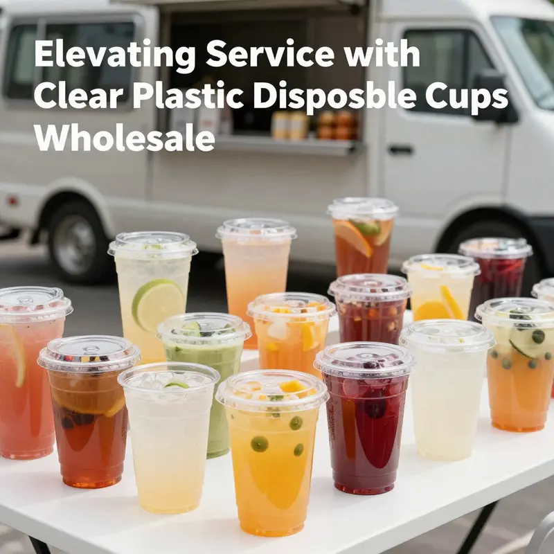 A variety of clear plastic disposable cups readily available at a wholesale market.
