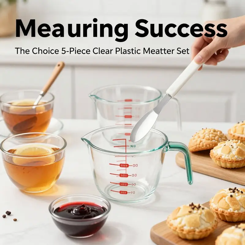 The Choice 5-Piece Clear Plastic Measuring Cup Set in action, demonstrating its user-friendly design and measurement accuracy.