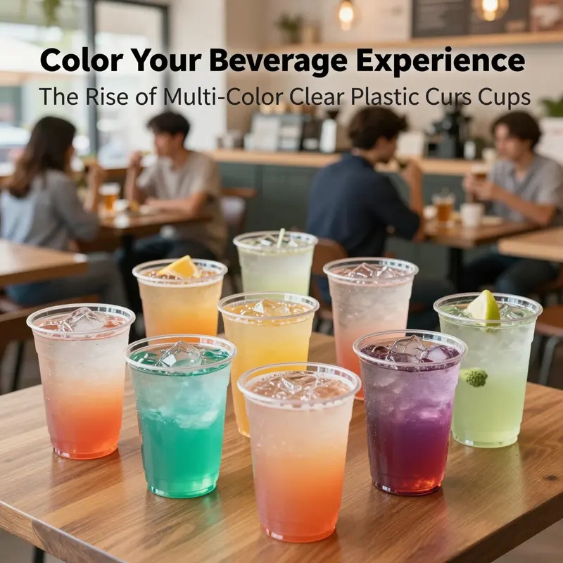 A variety of multi-color 5 oz clear plastic cups showcasing versatility in beverages and settings.