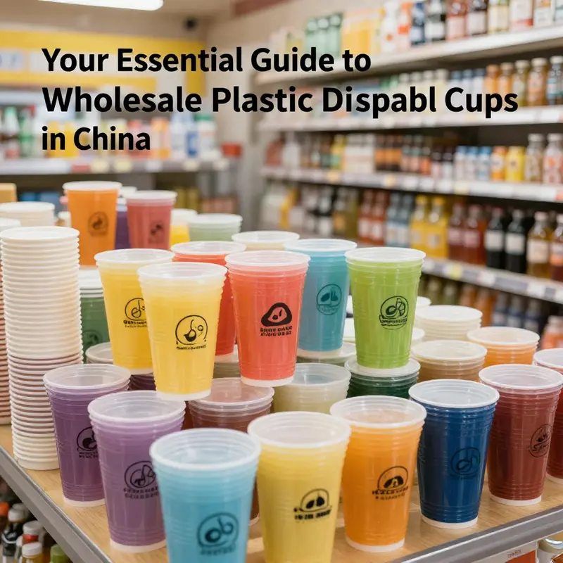 An array of colorful custom-designed disposable plastic cups set against a backdrop of a busy beverage shop, illustrating the market's vibrancy.