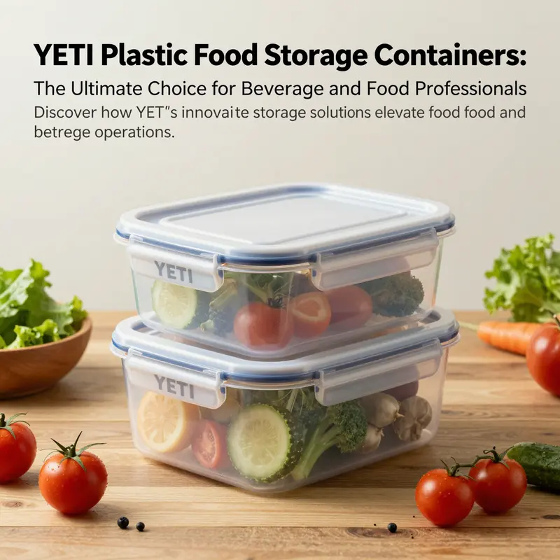 YETI plastic food storage container on a wooden table surrounded by fresh fruits and vegetables.