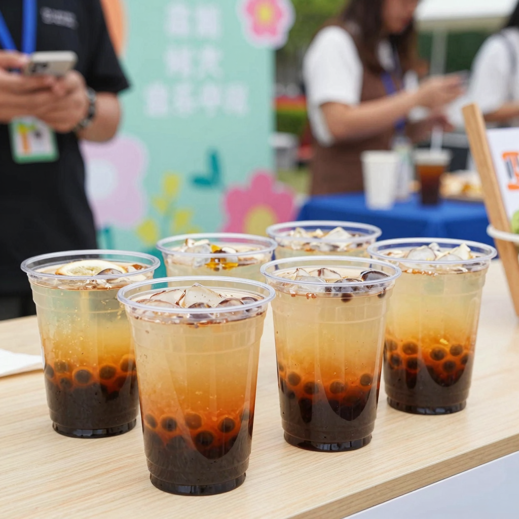 4 ounce clear plastic cups in a lively beverage setting