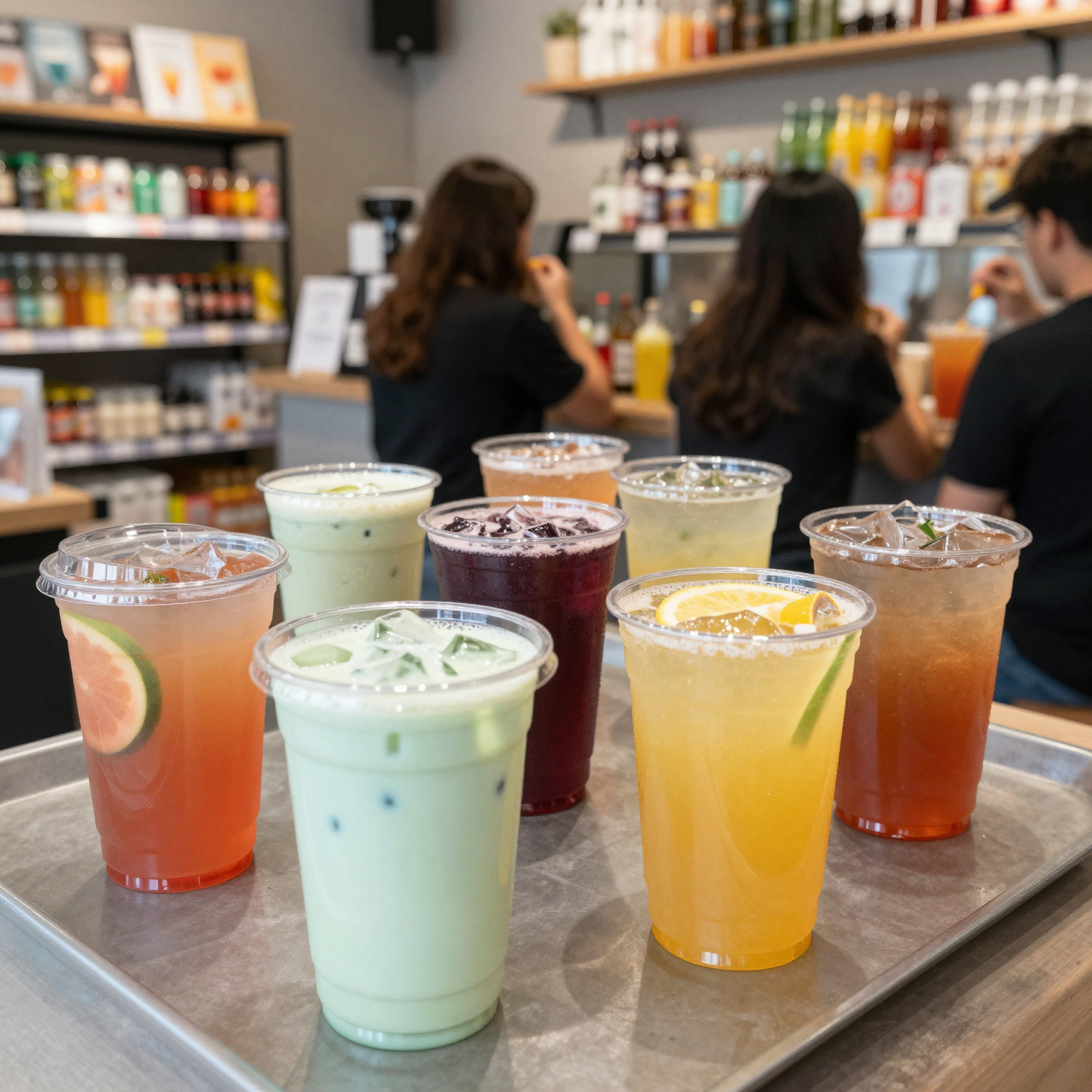 Colorful Drinks in Clear Plastic Cups