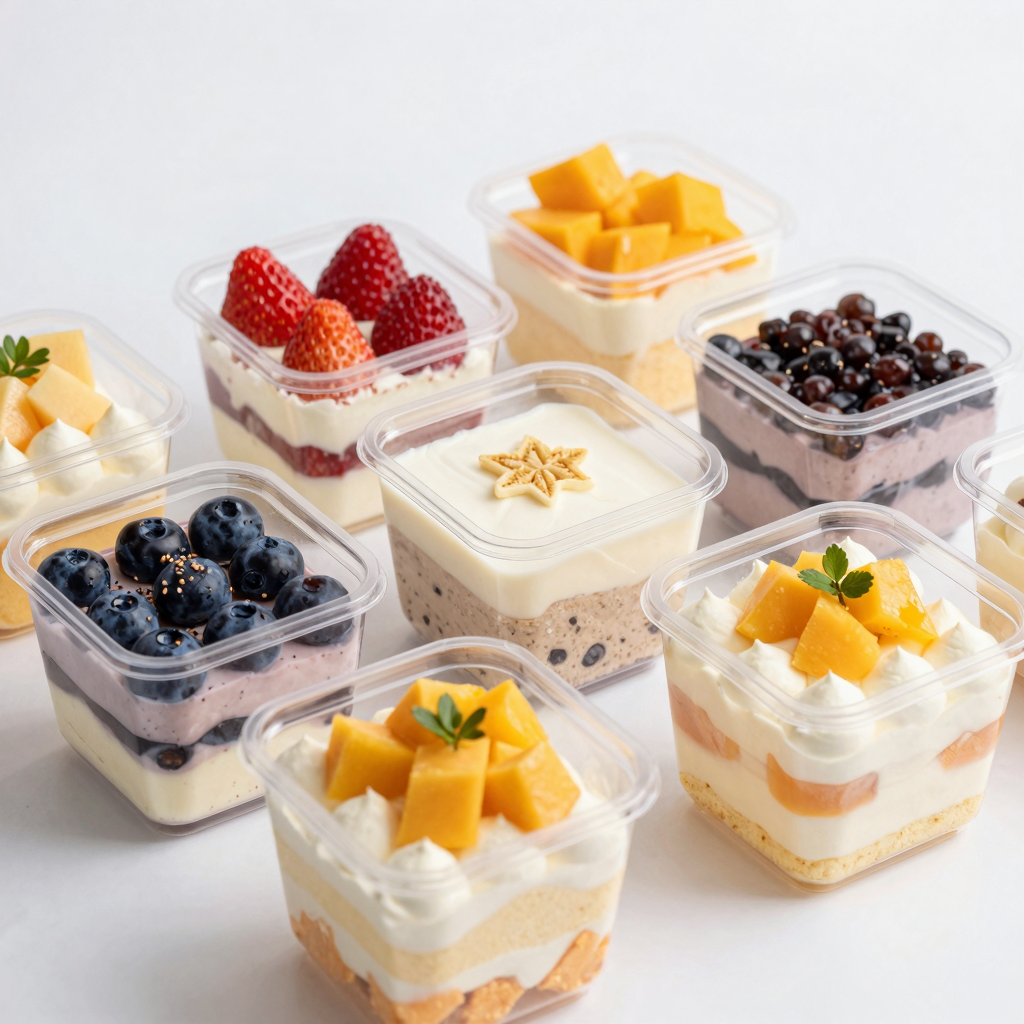 8 oz square clear plastic dessert cups filled with colorful desserts