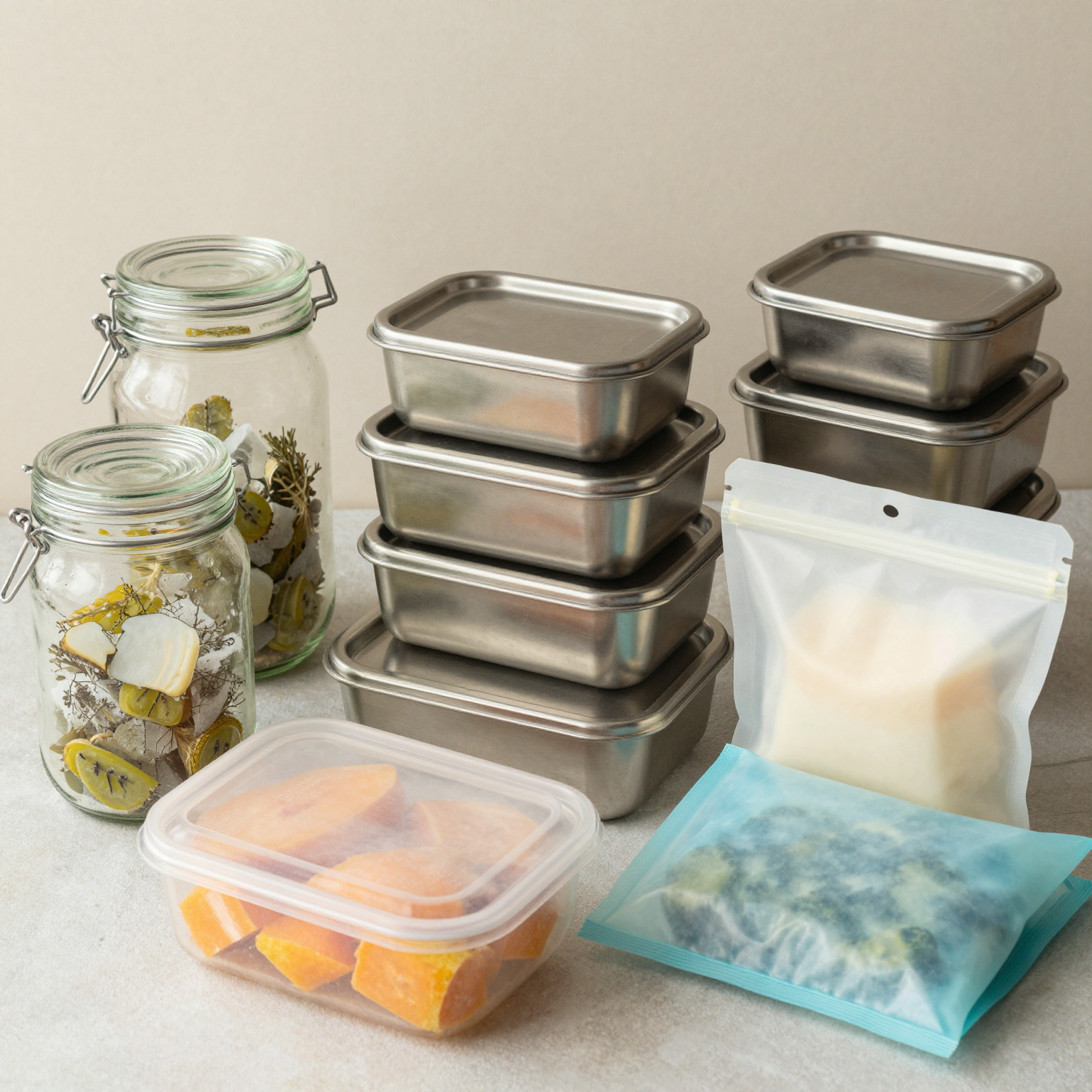 A variety of eco-friendly containers for freezing food