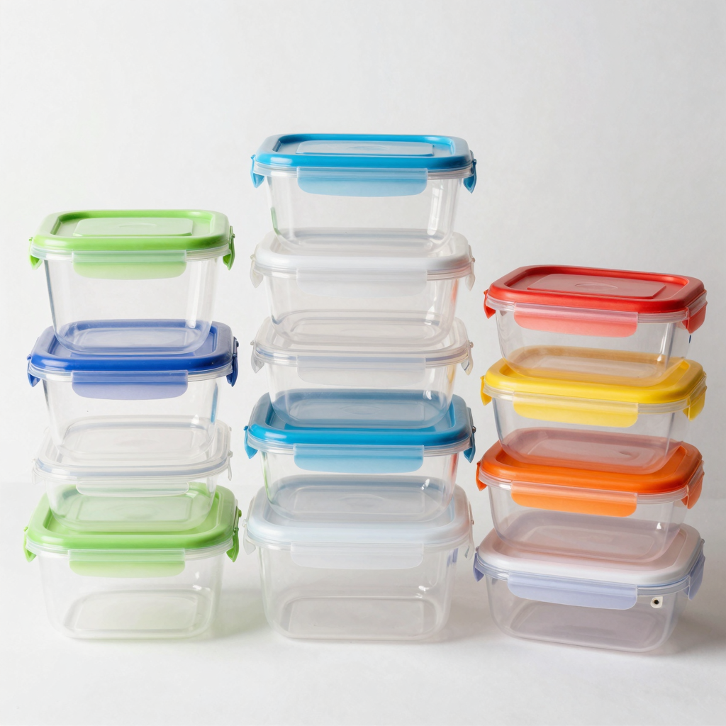 Assorted plastic food storage containers with lids