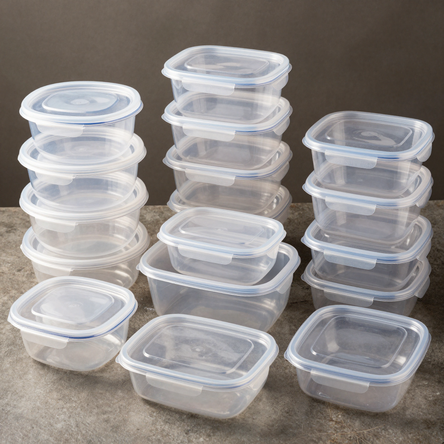 Clear hinged plastic disposable food containers in various sizes and configurations