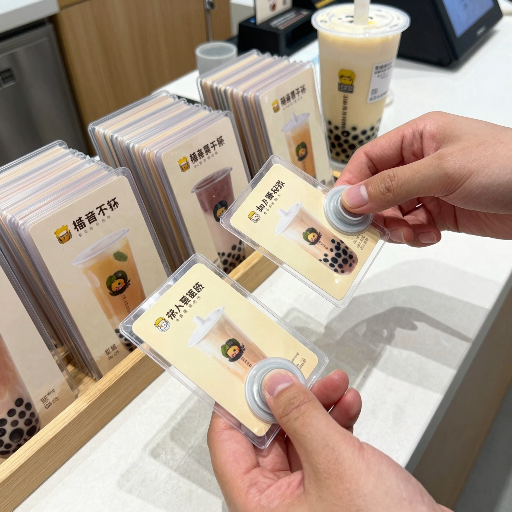 Clear plastic cards with suction cups in a bubble tea shop