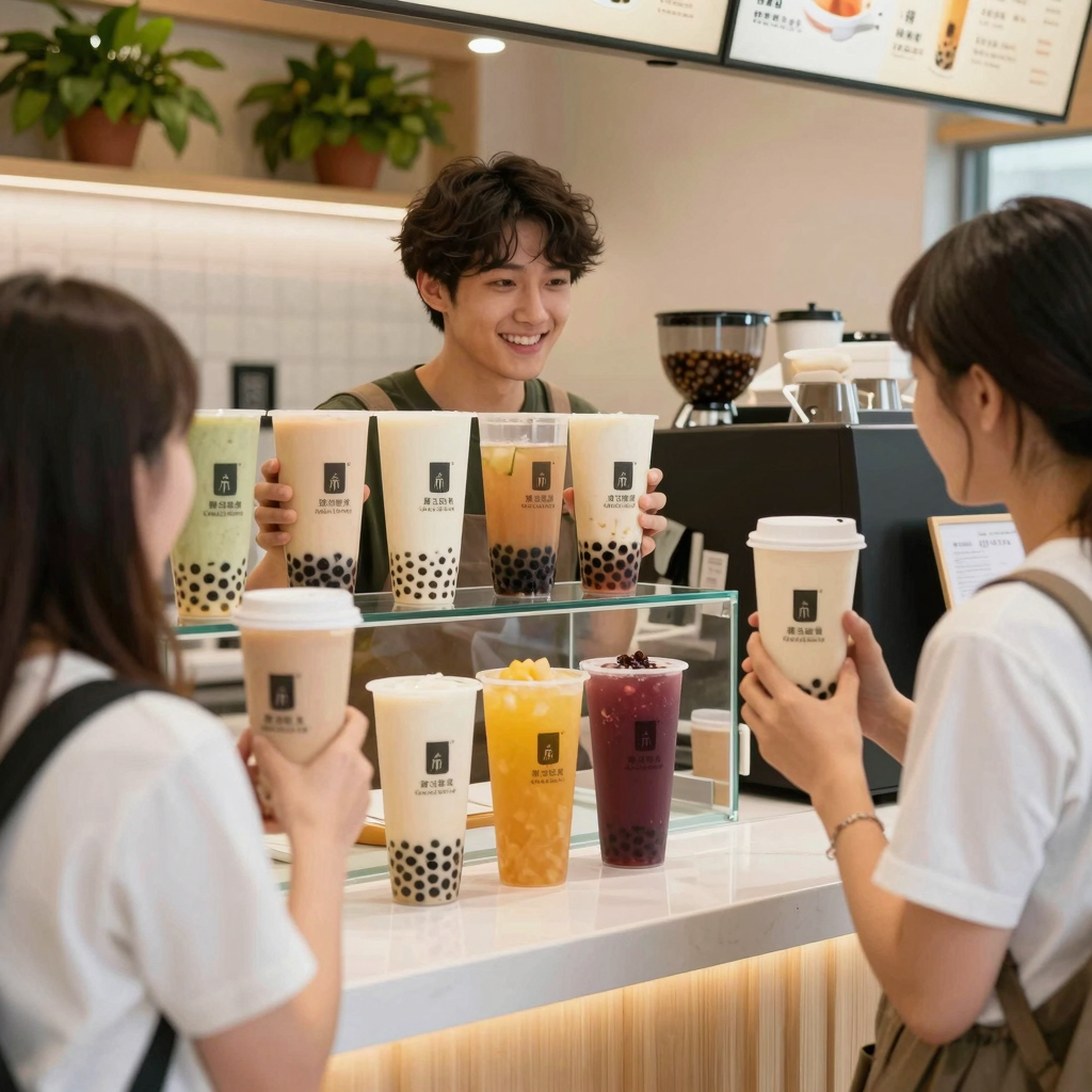 A vibrant bubble tea shop utilizing disposable food containers