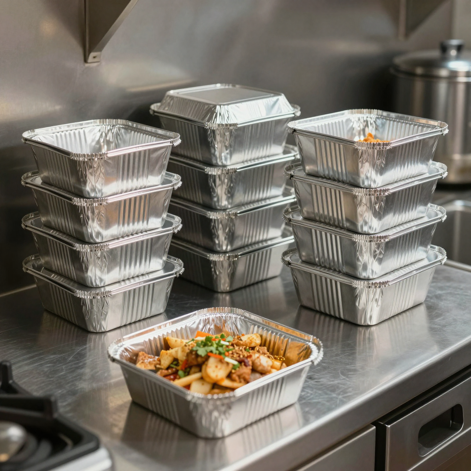 Disposable aluminium foil food containers in a commercial kitchen setting
