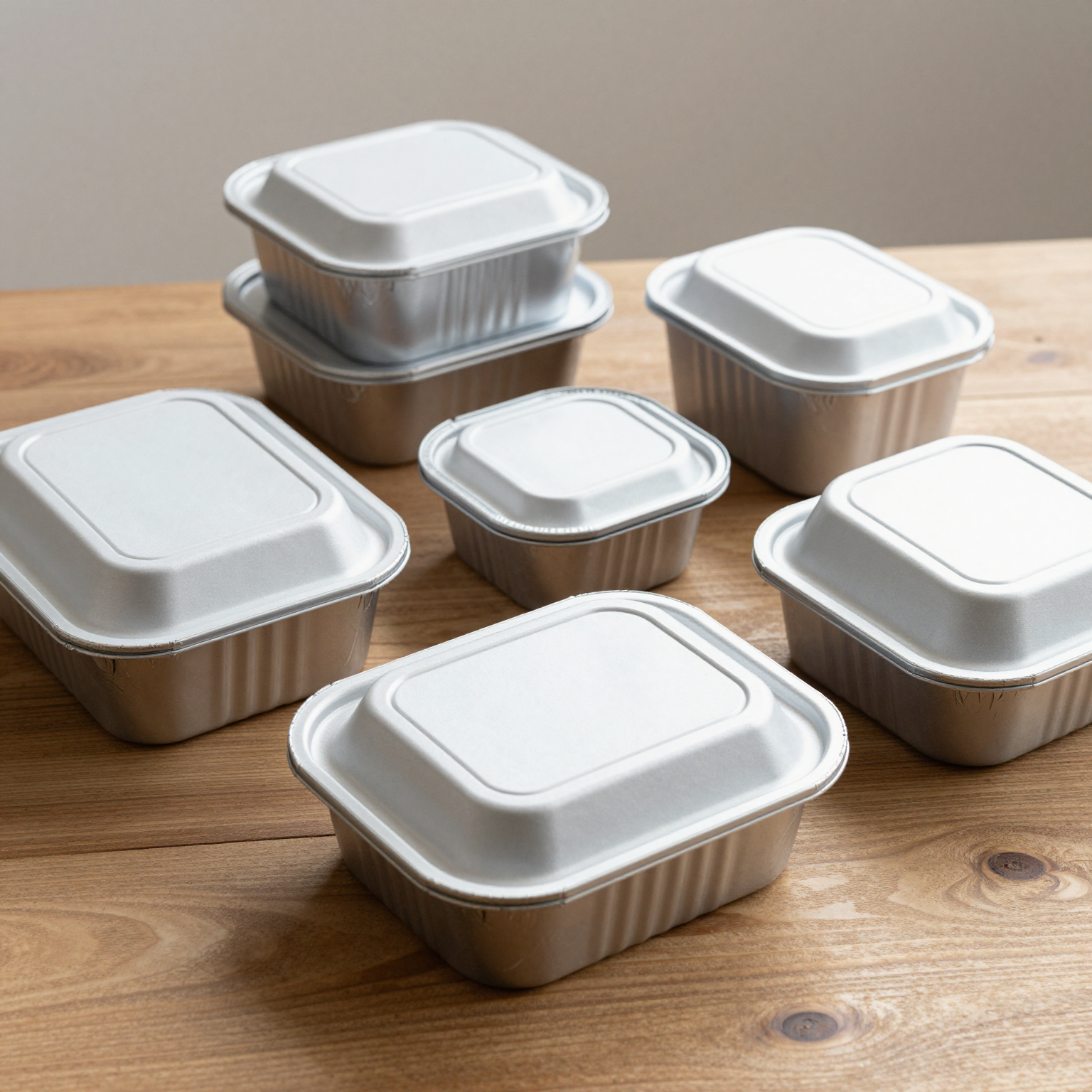 Various disposable aluminum foil food containers on a wooden table, showcasing their versatile design and attractiveness.