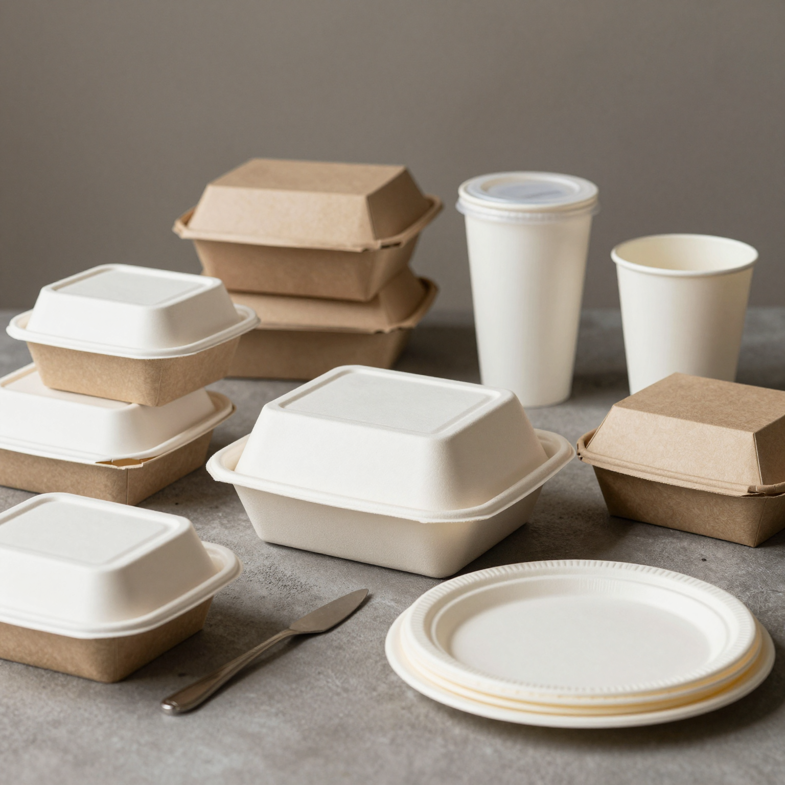 A variety of disposable fast food containers including cups, boxes, and plates.