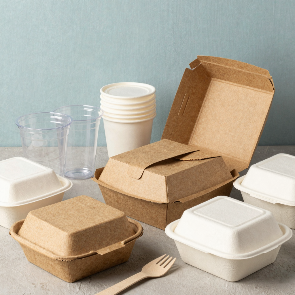 Colorful representation of disposable packaging products such as cups, boxes, and utensils.