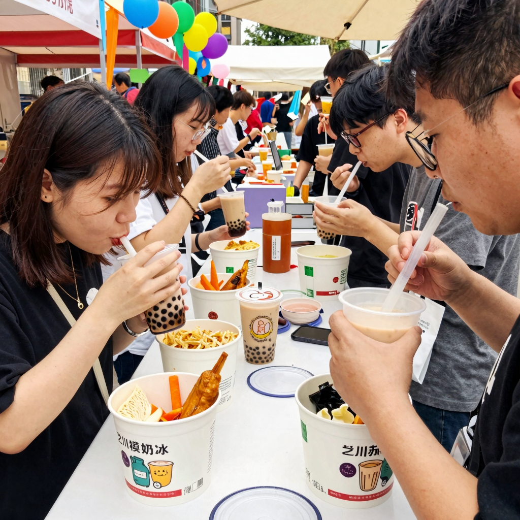 Disposable paper buckets in use at a food festival