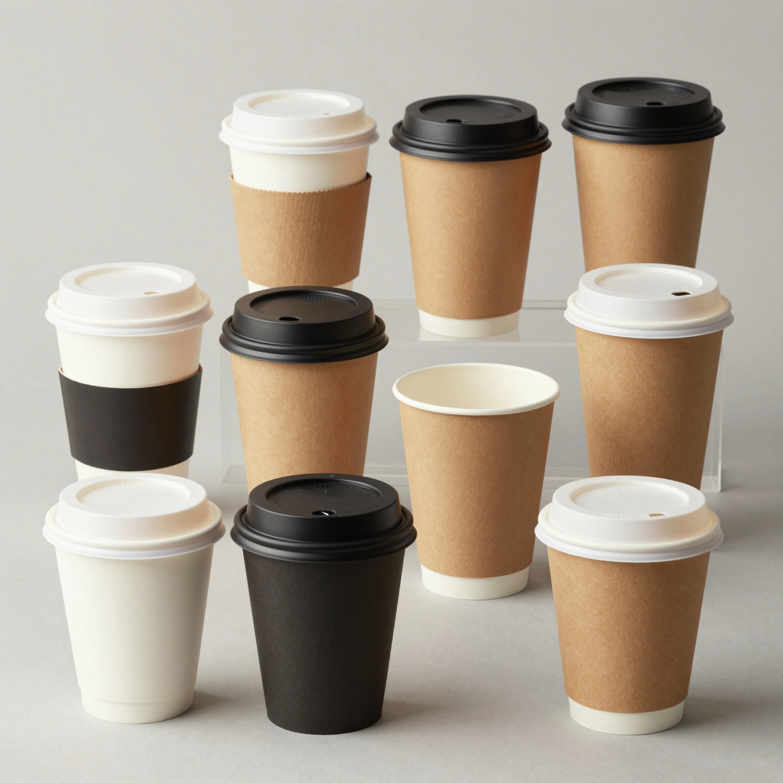 A variety of disposable coffee cups showcasing different designs and styles