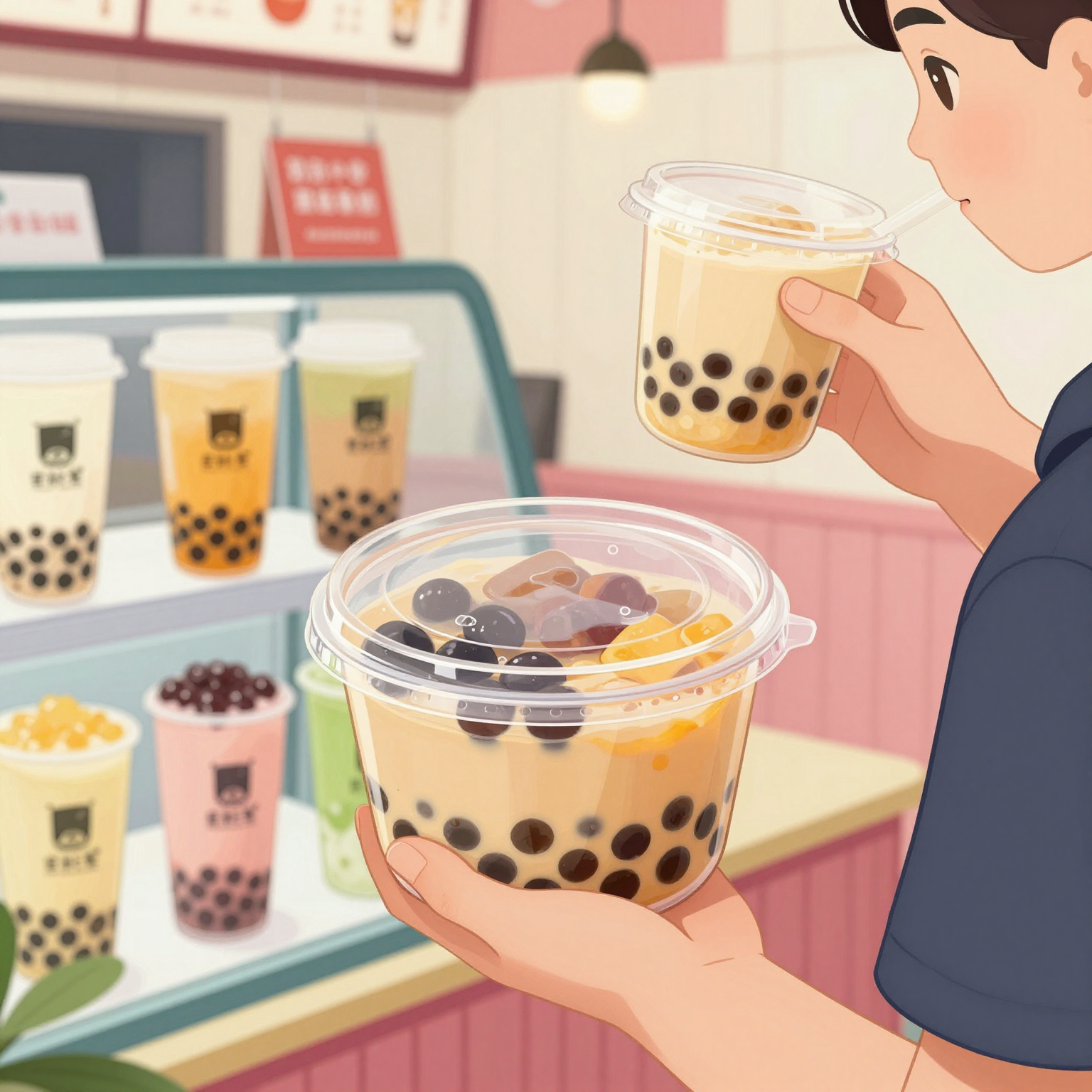 Disposable Round Food Container in Bubble Tea Shop