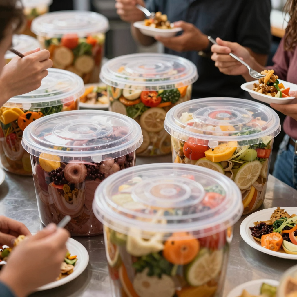 Large Round Plastic Containers in a Vibrant Food Setting