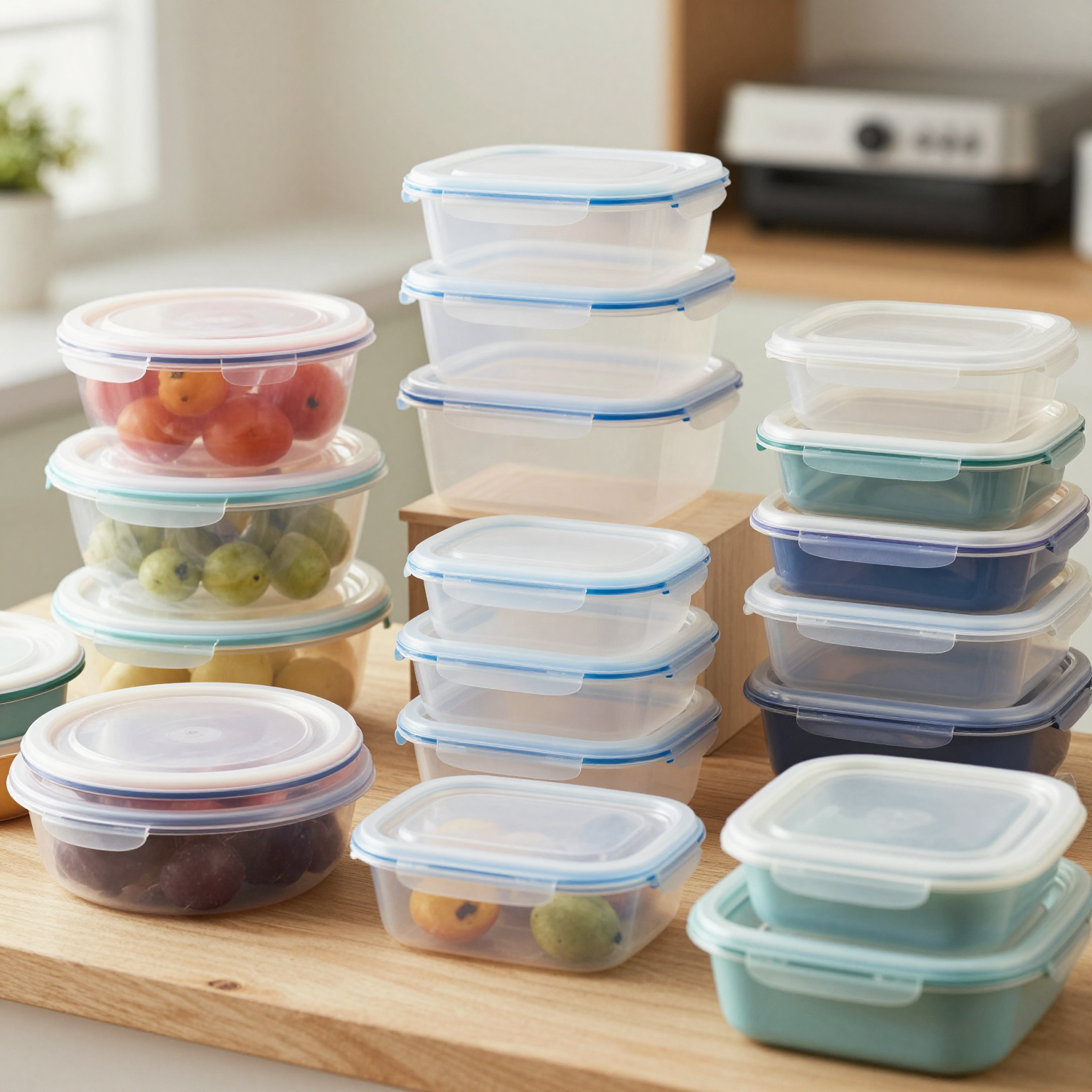 Various styles and sizes of Meijer plastic food containers