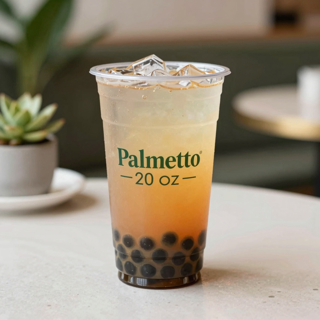 Palmetto 20 oz clear plastic cup filled with a colorful beverage