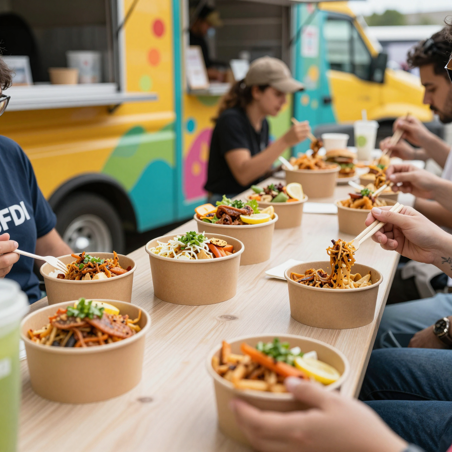 Paper food bowls in use at a food truck catering event, showcasing delicious food and vibrant atmosphere.