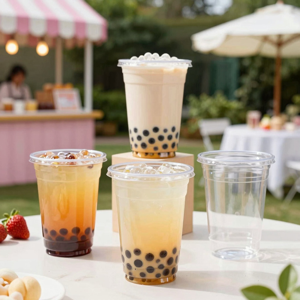 Clear plastic cups in various settings including bubble tea shops and gardens