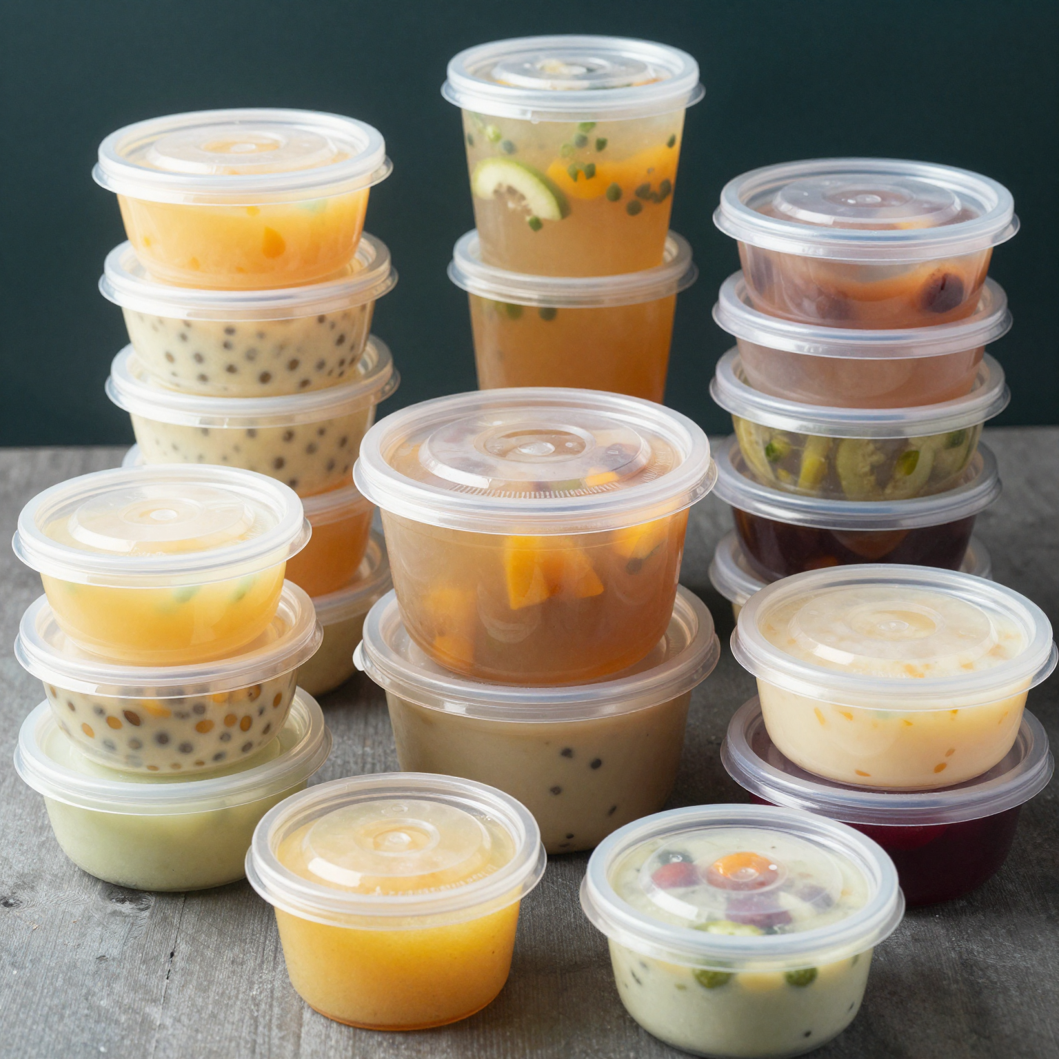 A variety of plastic containers used for food, showcasing different shapes and sizes