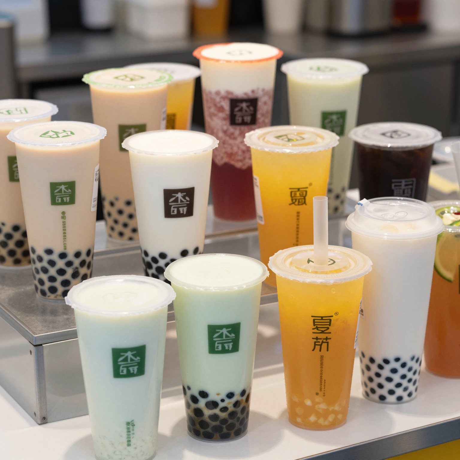 Variety of disposable plastic cups with lids and straws in a lively beverage setting