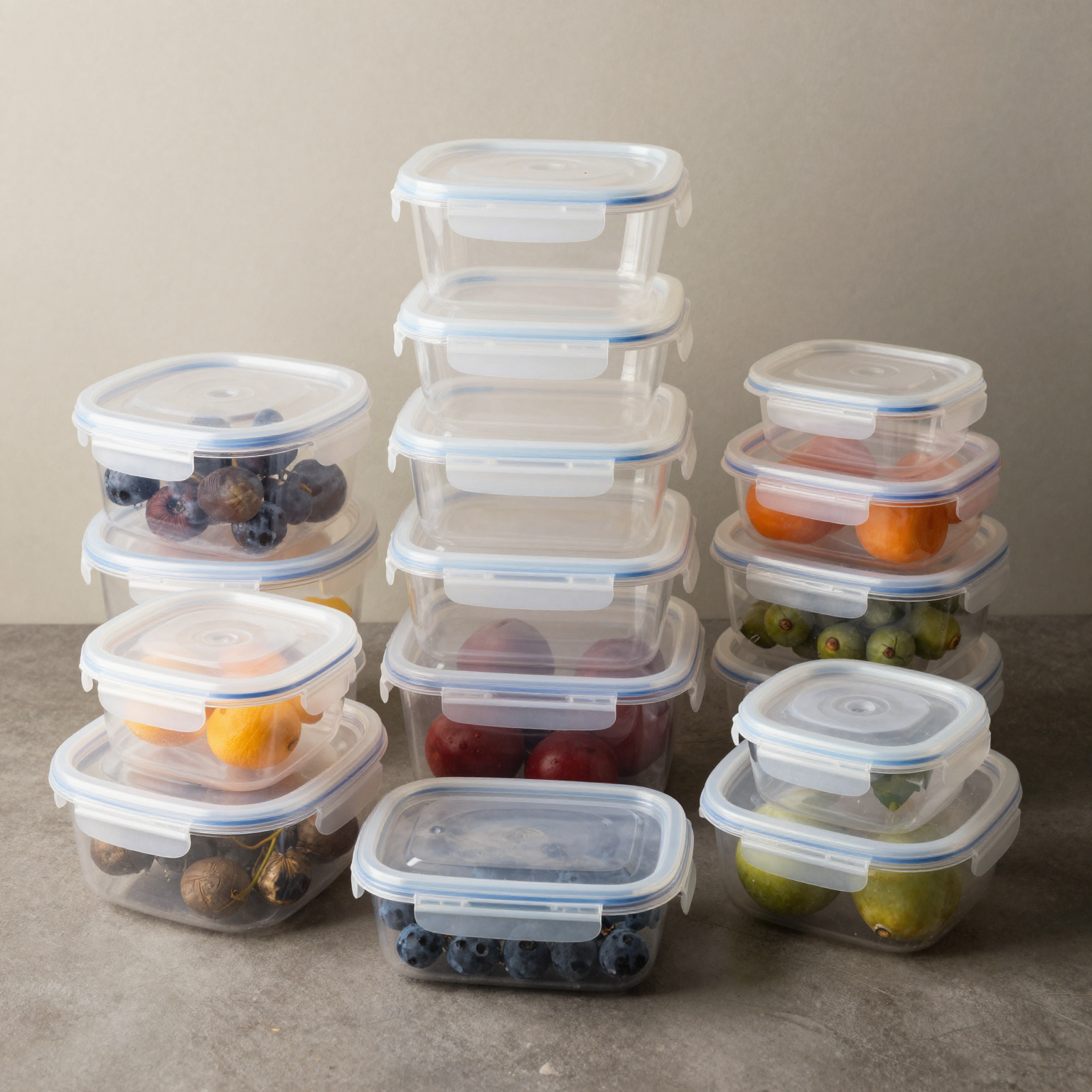 A variety of plastic food storage deli containers