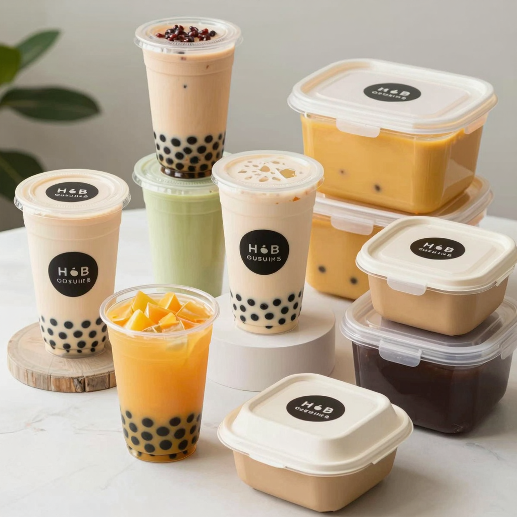Variety of food containers including bubble tea cups, small boxes, and large containers