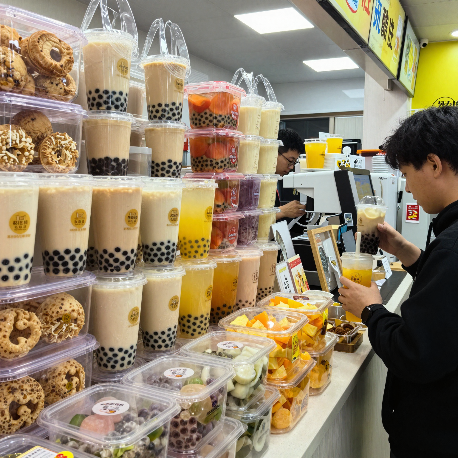 A vibrant Bubble Tea shop showcasing colorful plastic packaging food containers.