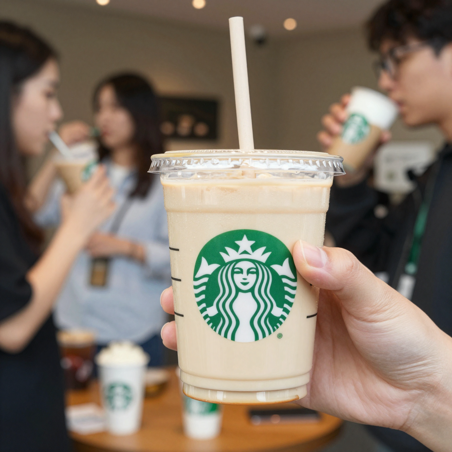 Starbucks plastic cold drink cup in use at a food event