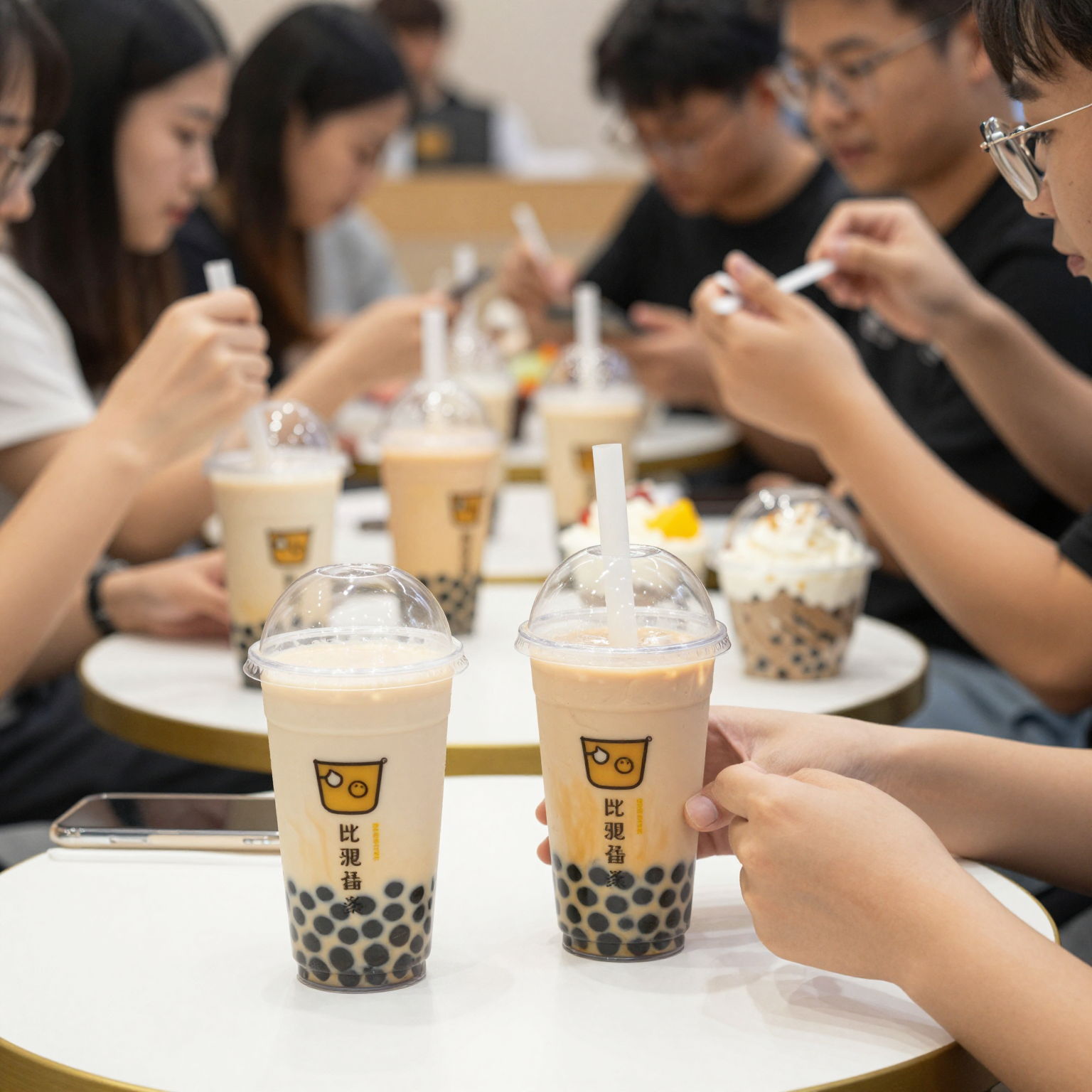 Solo clear plastic cups in use at a bustling bubble tea shop
