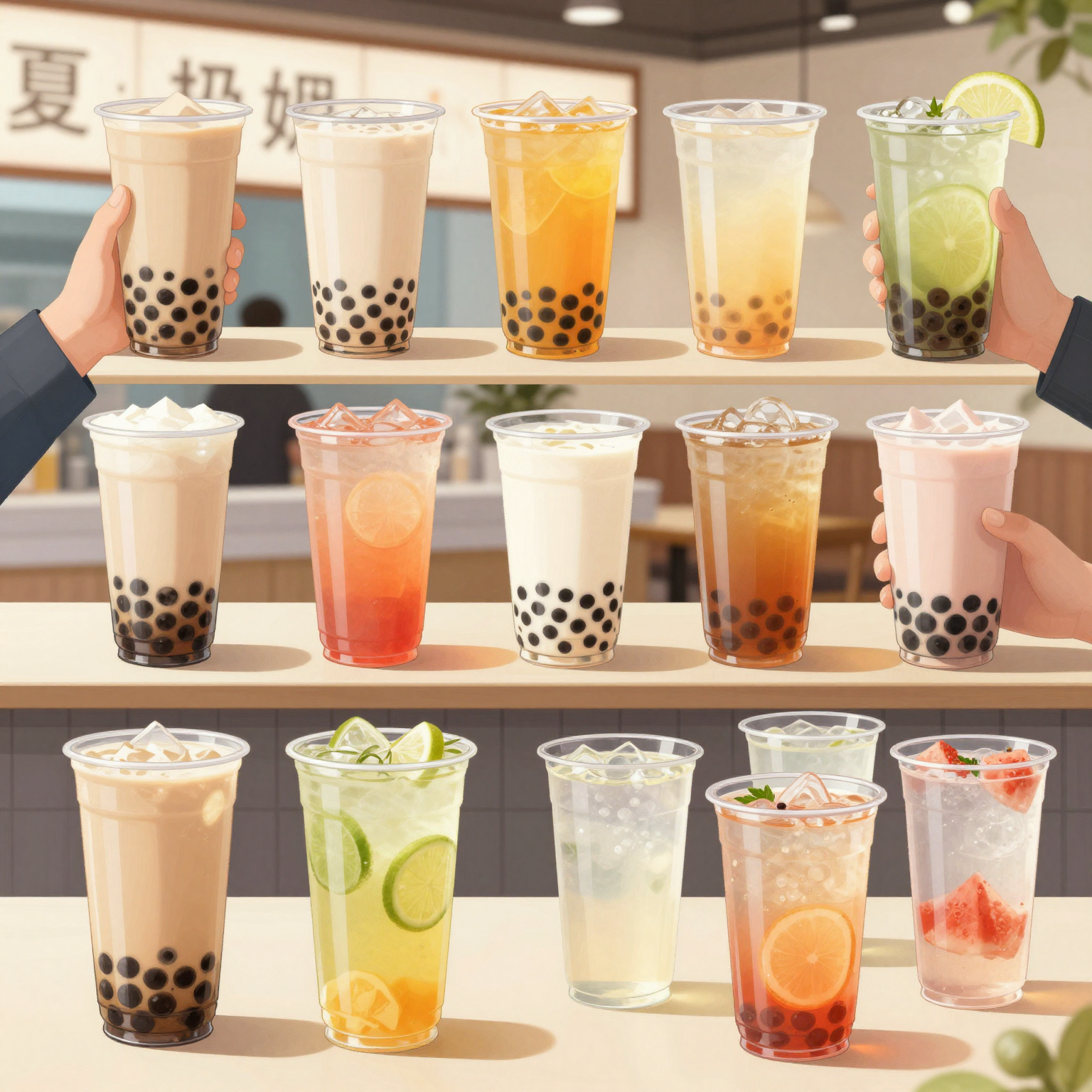 Visual representation of 12 oz clear plastic cups in bubble tea, restaurants and events.