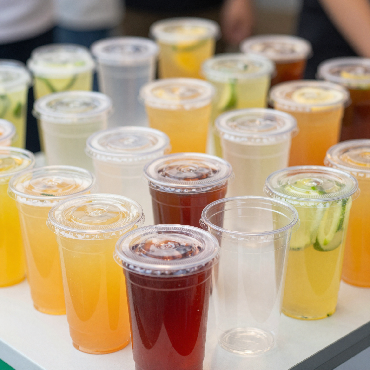 A variety of wholesale clear plastic disposable cups in a beverage context