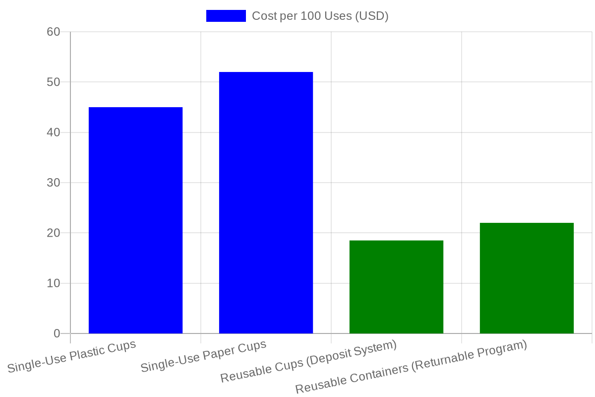 Bar chart comparing costs of single-use plastic ($45), single-use paper ($52), reusable deposit cups ($18.50), and returnable containers ($22.00) per 100 uses