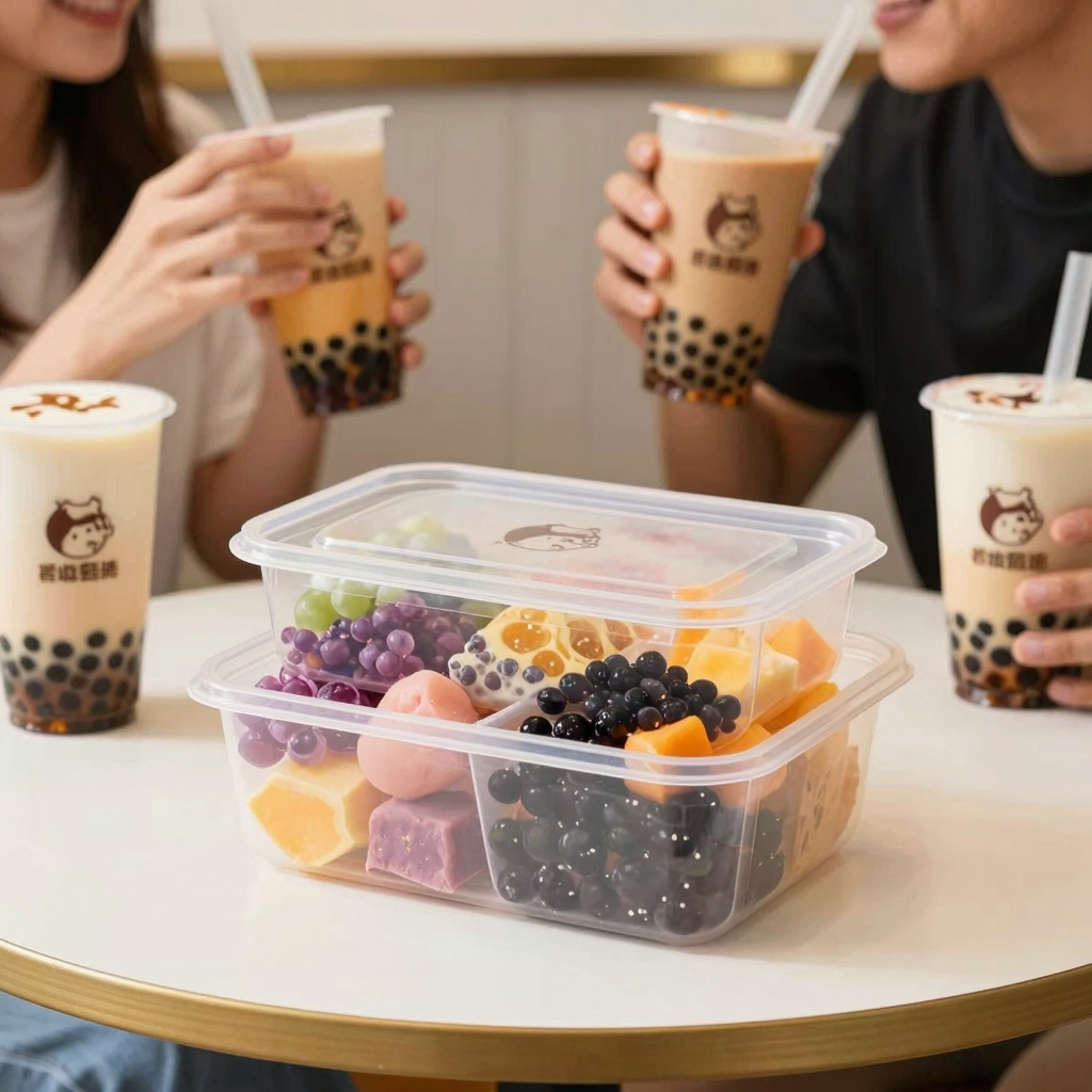 A 2 compartment plastic food container in use at a bubble tea shop