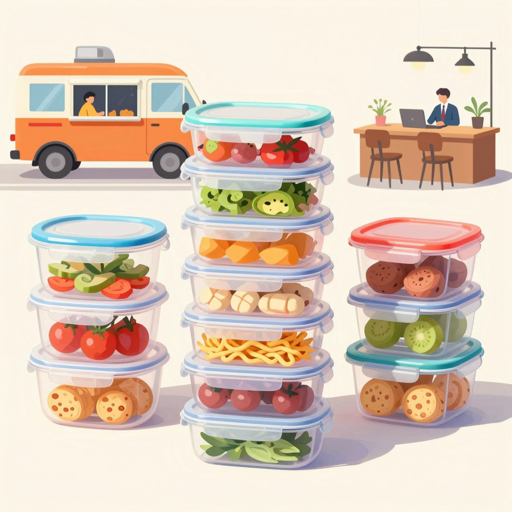 An assortment of 3 compartment plastic food containers in use, featuring vibrant colors and various food items like salads, pasta, and snacks.