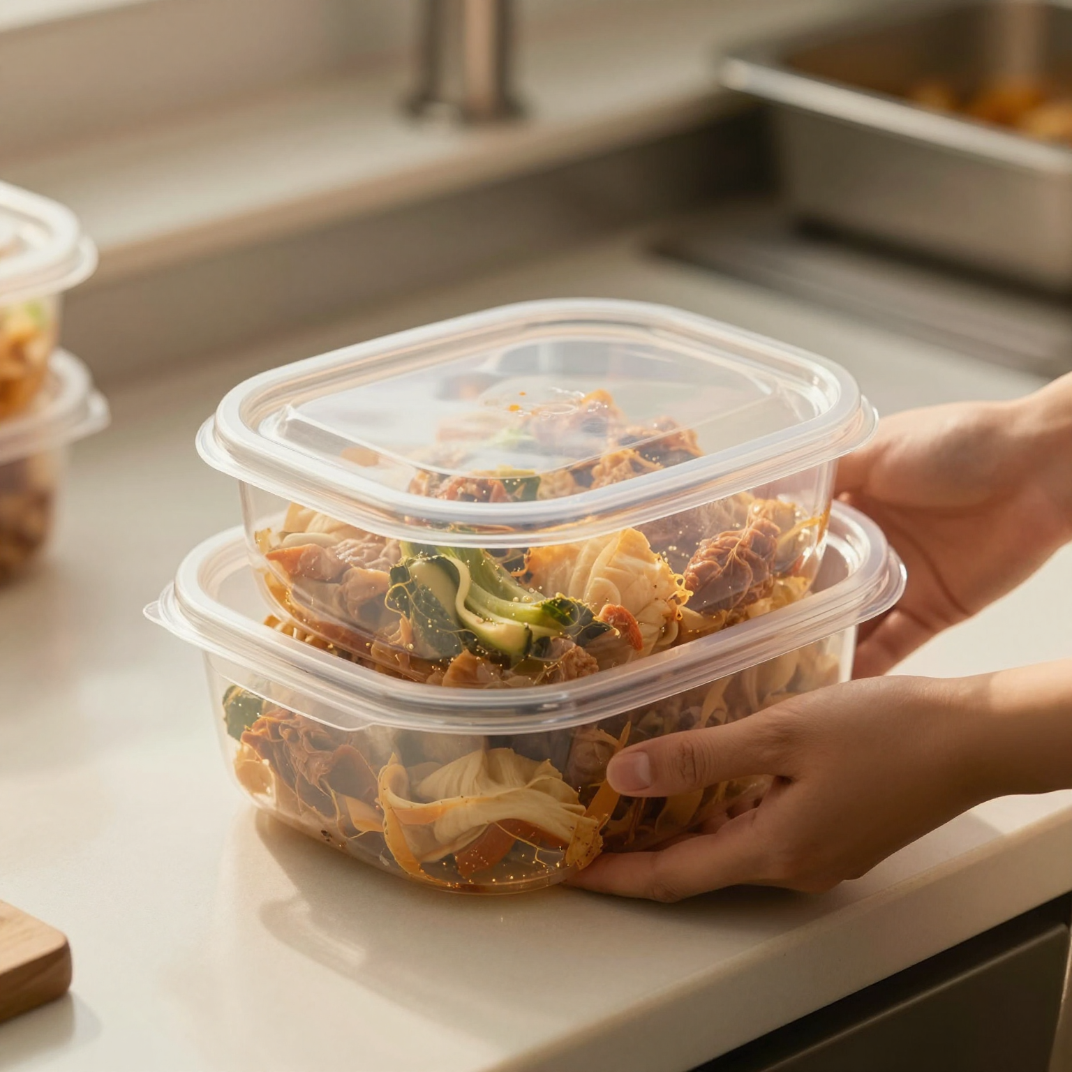 48 oz disposable food container being held in hand, showing clear dome lid and large capacity in a professional food-service setting with warm natural lighting