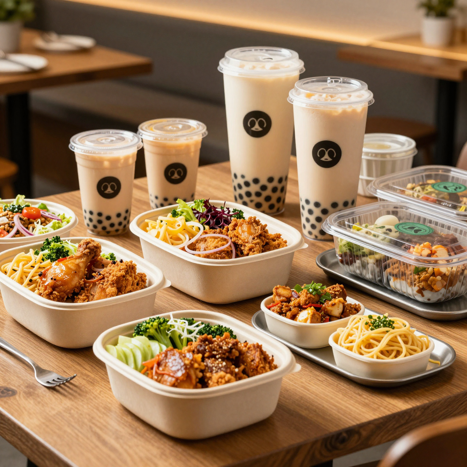 Large-format 48 oz disposable food containers and giant beverage cups arranged for family-style dining and catering