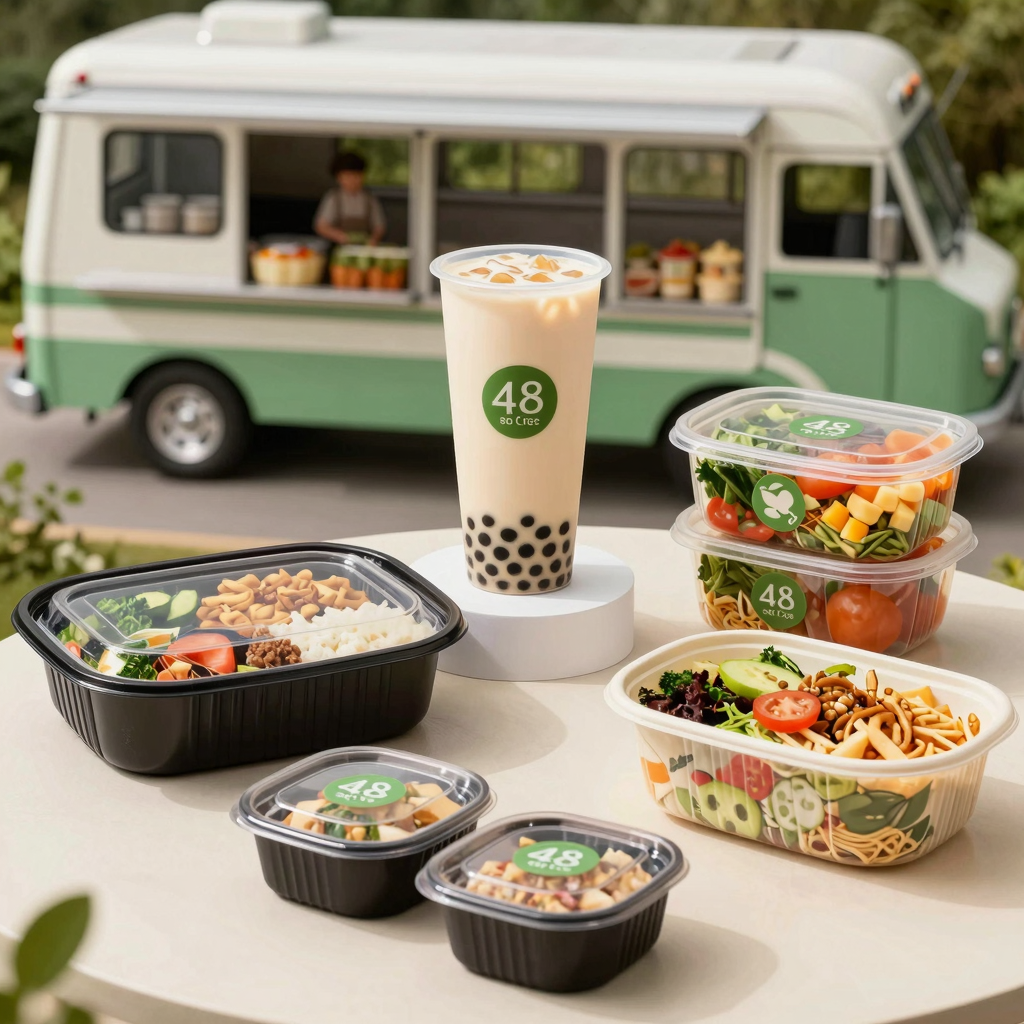 48 oz disposable food containers being used across bubble tea shops, restaurants, food trucks, catering, and event venues