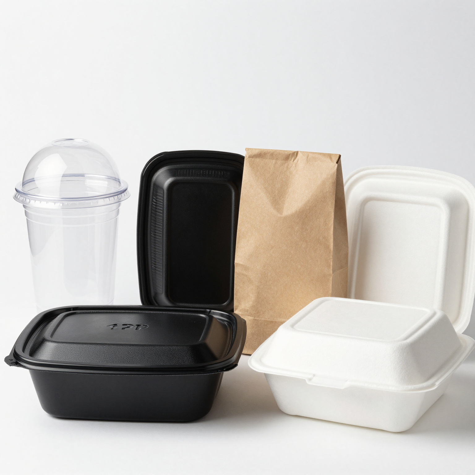 Four types of 48 oz disposable food containers: Clear PET, PP Hinged, Paper-Based Compostable, and Foam