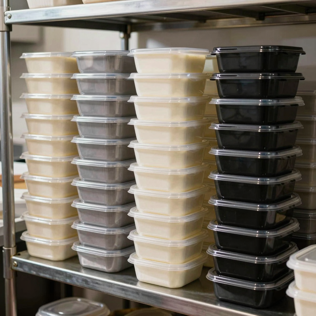 Stacked 48 oz disposable food containers in a commercial storage area, showing clear and black lid options for visual variety.