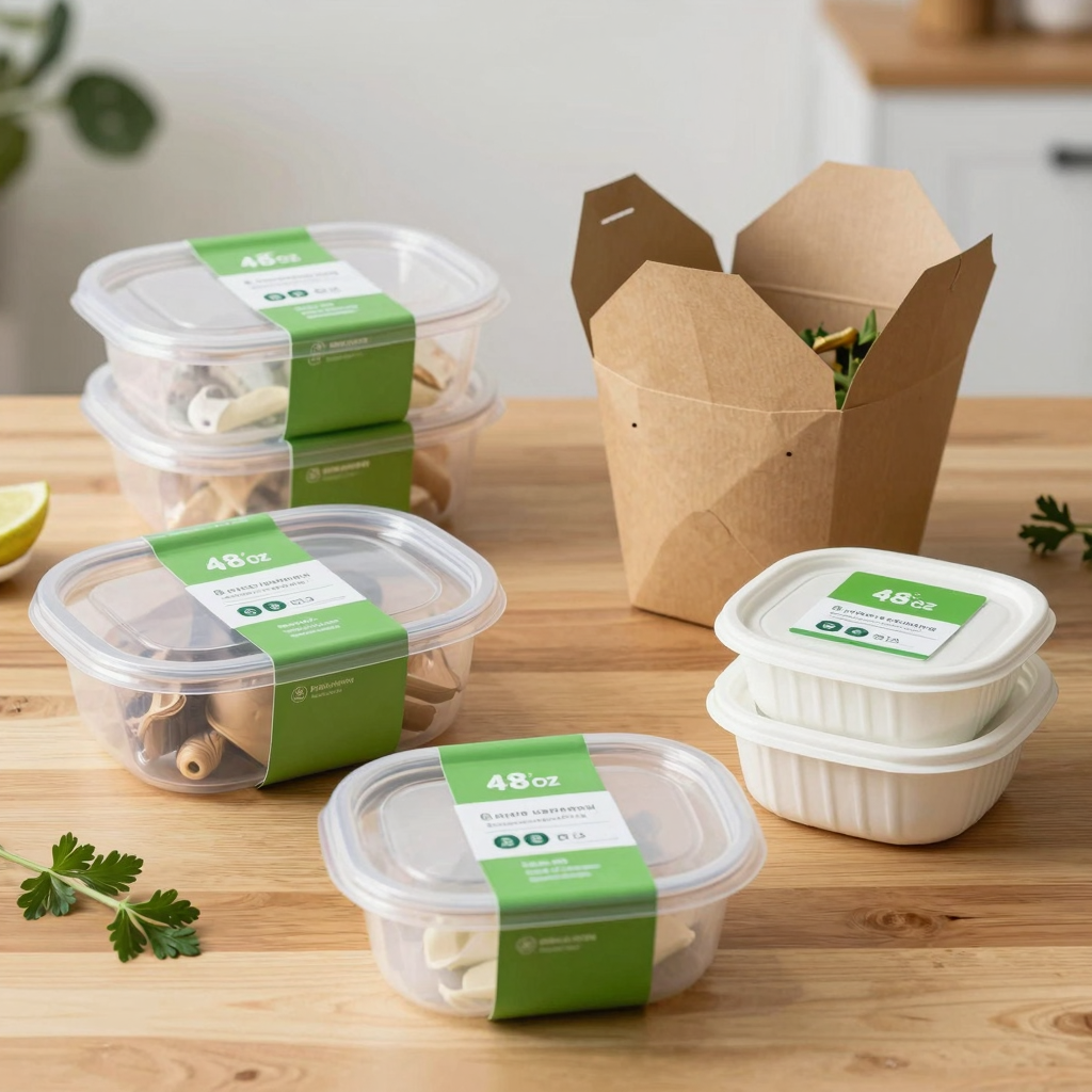 An assortment of 48 oz disposable food containers including PP plastic, kraft paper, and compostable fiber options arranged on a wooden table.